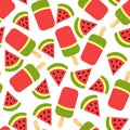 Seamless pattern with the image of watermelon ice cream and a triangular piece of watermelon.